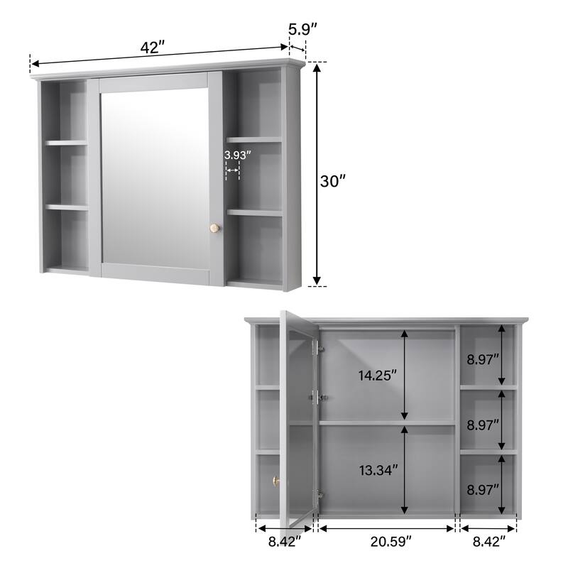 Modern Surface Mount Solid Wood Framed Medicine Cabinet With Mirror and Shelves