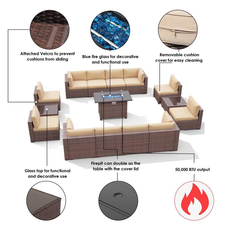 15 Piece Wicker Set Patio Sofa Furniture with Fire Pit And Table