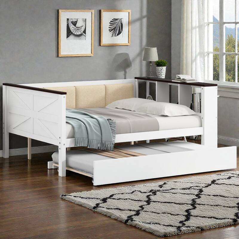 Wood Daybed with Storage Shelves, Upholstered Backrest, USB Charging Station and Trundle - White - Full