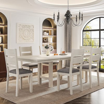 VECELO 7 Piece Dining Set, Thickened Solid Wood Rectangular Extendable Dining Table & 6 Solid Wood Dining Chairs