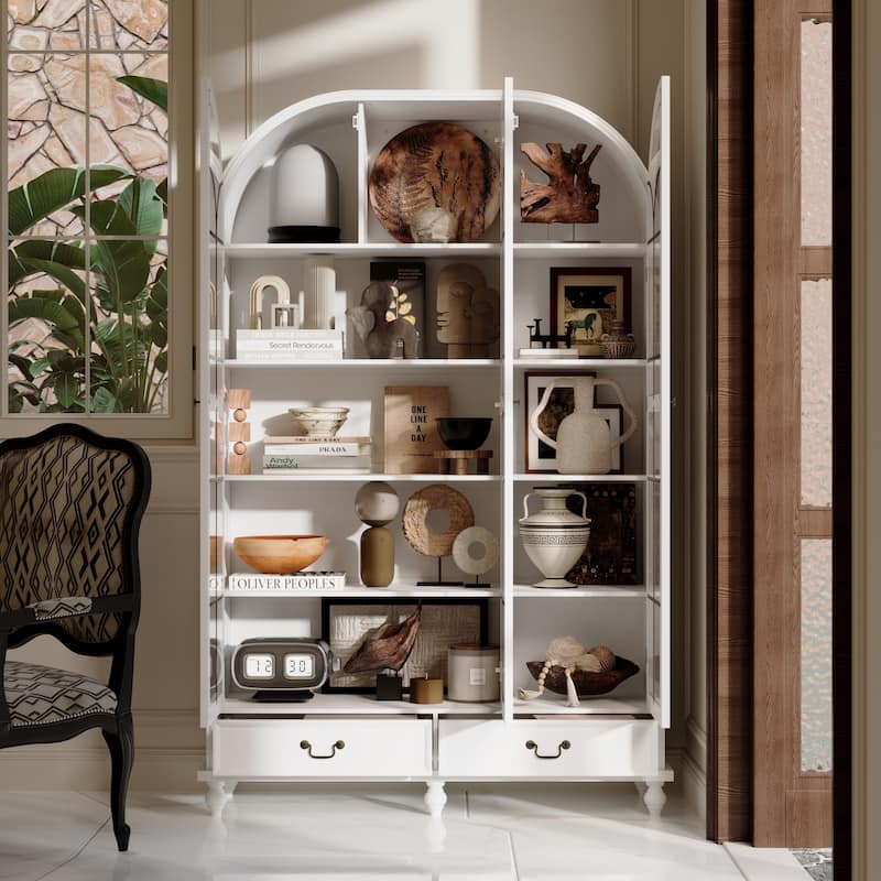 Glass Door Display Cabinet with Storage DrawersBookcase with Wooden Legs