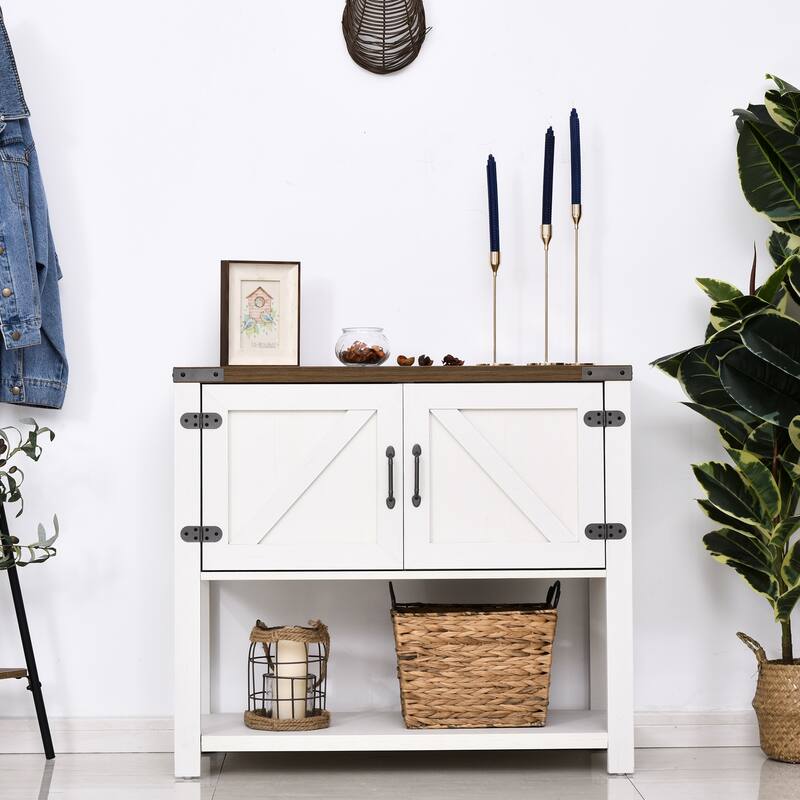 White Sideboard Buffet Storage Cabinet with 2 Door and Bottom Shelf for Living Room or Kitchen - 35.5" W x 15.25" D x 31.75" H