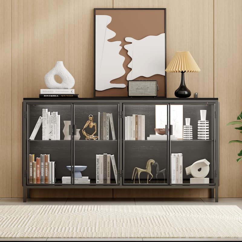 Modern Black Glass Storage and Display Cabinet: Adjustable Lighting, Ample Storage & Stylish Design