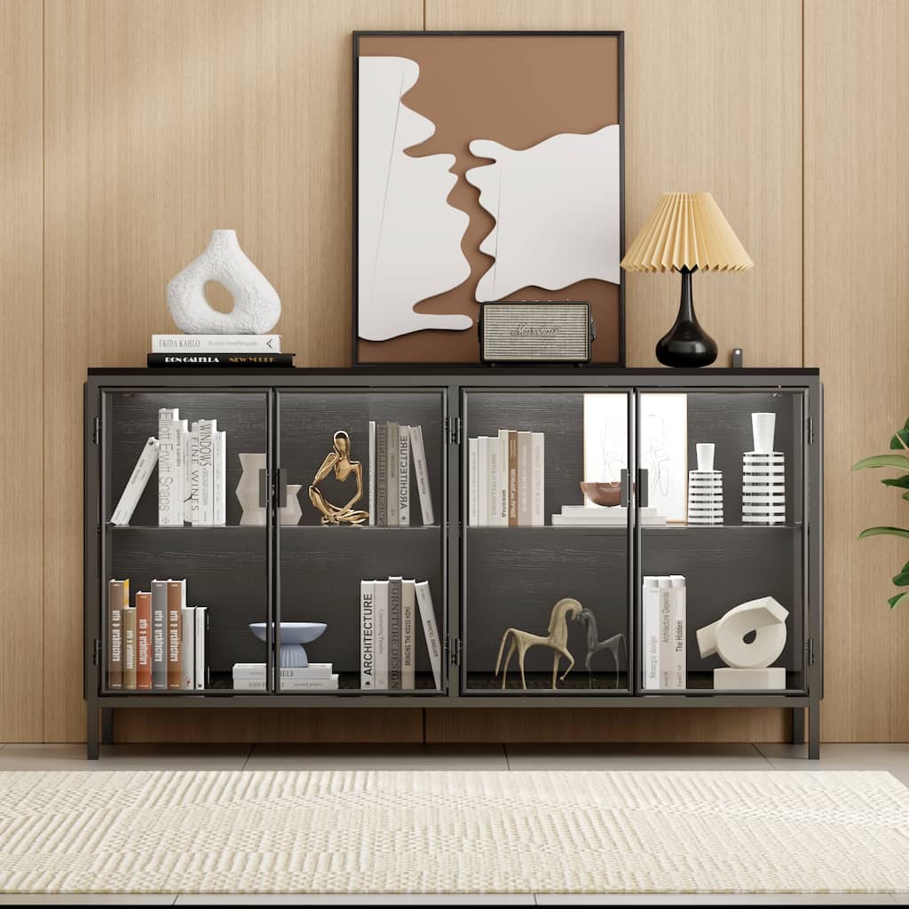 Modern Black Glass Storage and Display Cabinet: Adjustable Lighting, Ample Storage & Stylish Design