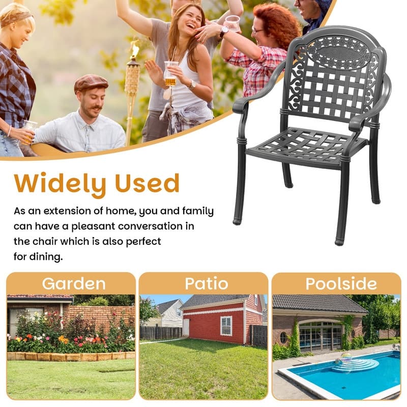 Black Stackable Cast Aluminum Patio Outdoor Dining Chairs With Blue Seat Cushions