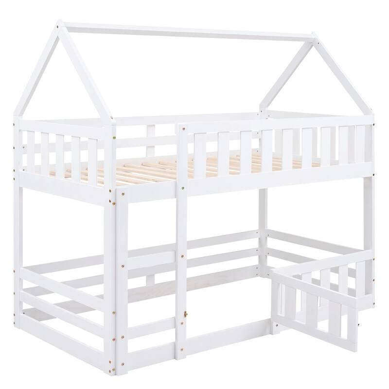 Twin over Twin House Bunk Bed with Fence and Door