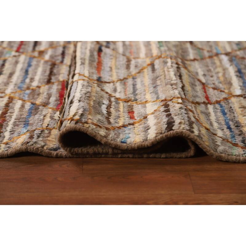 Hand Knotted Oriental 100% Wool Carpet Modern Stripe Multi-Colored Moroccan Area Rug - 9' 9'' X 6' 7''