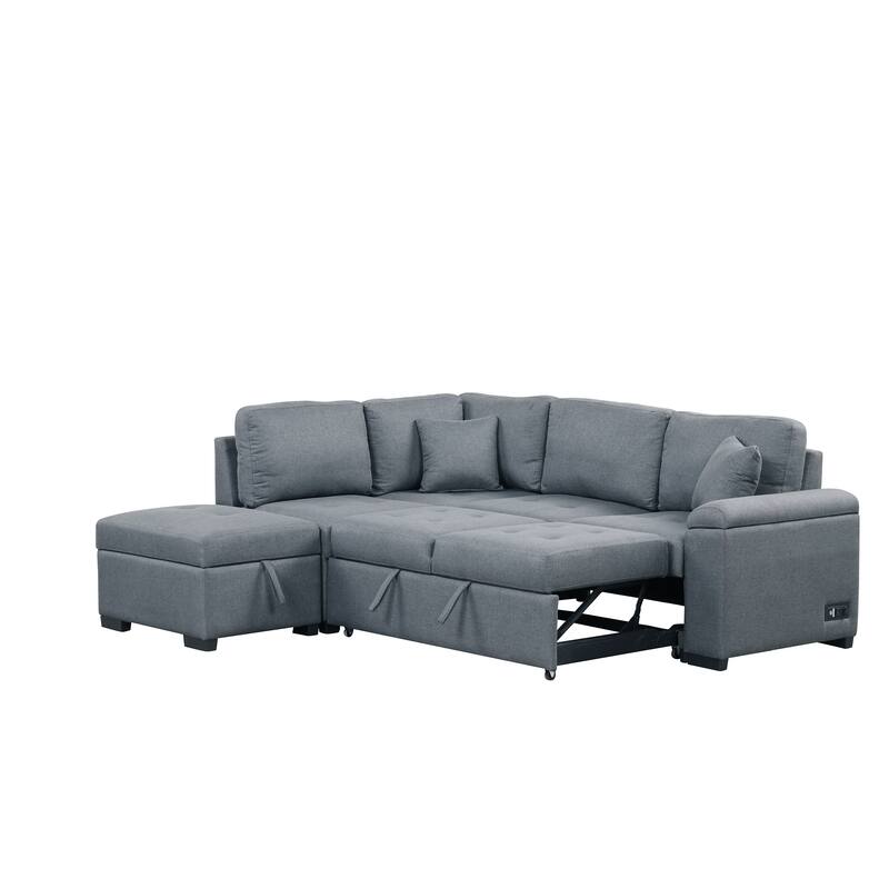 L-Shaped Sleeper Sofa Bed with USB Ports and Storage Ottoman - Perfect for Guests