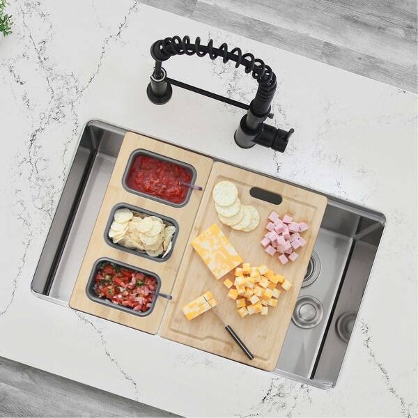 slide 2 of 9, STYLISH 18 inch Over the Sink Divided Serving Board with 3 Collapsible Containers - 16.75" x 8.5"