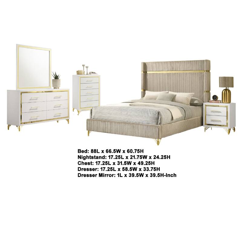 Jenny 5pc Queen Bedroom Set, Textured Beige Wood and Gold Metal Accent