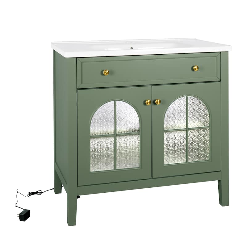 35.6-Inch Mid-Century Bathroom Vanity Sink with Patterned Glass & Motion-Sensor Light, Farmhouse Storage Vanity