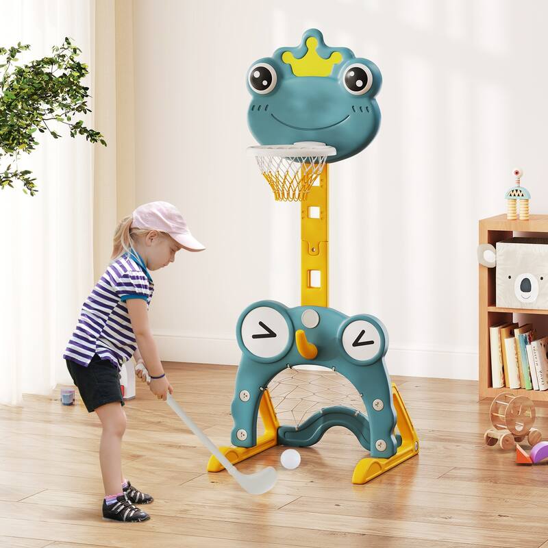 Green HDPE 4-in-1 Kids Sports Center with Adjustable Basketball Hoop and Toys - 21.5" L x 20.5" W x 44.5"-58" H
