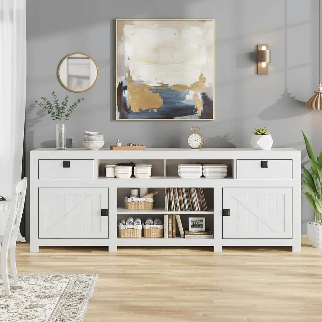 Farmhouse TV Stand, with 4 Storage Drawers & 3 Open Shelf