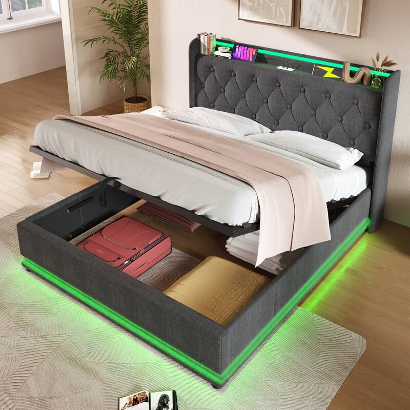 King Size Platform Bed Underbed Storage Bed with Wingback Tufted Headboard, USB and 360 Surround LED Strip, Linen Upholstered