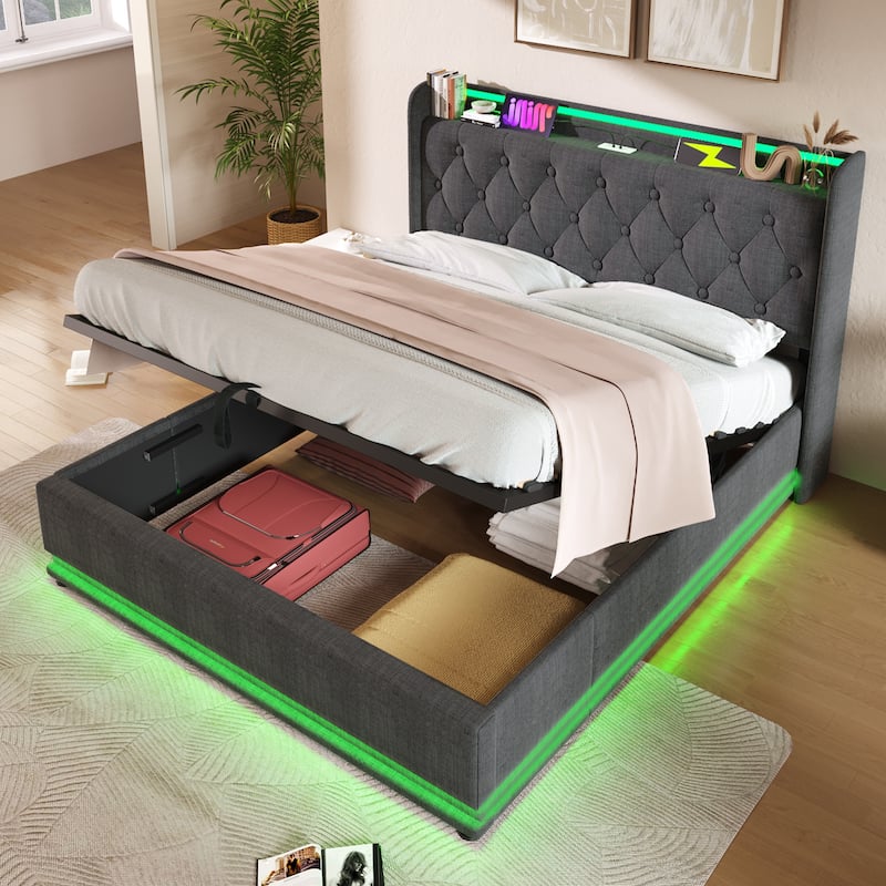 LED Upholstered Platform Bed Full Size Hydraulic Storage Bed Frame - Gray