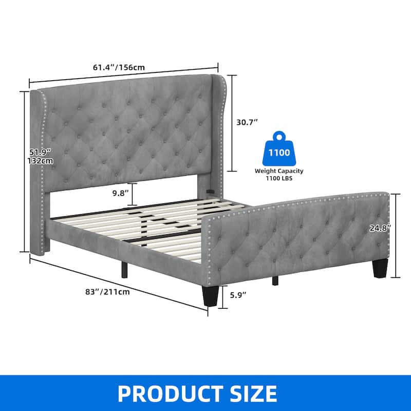 Moasis King Velvet Tufted Upholstered Wingback Platform Bed Frame with Headboard and Footboard