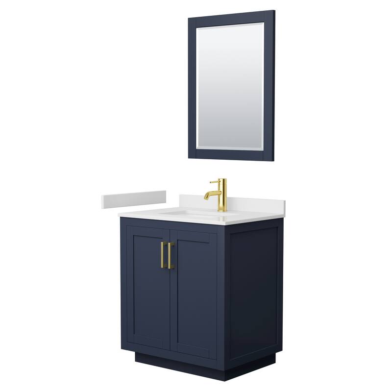 Miranda Single Vanity Set, Cultured Marble Top, 24-Inch Mirror - Dark Blue, Gold Trim, White Cultured Marble Top