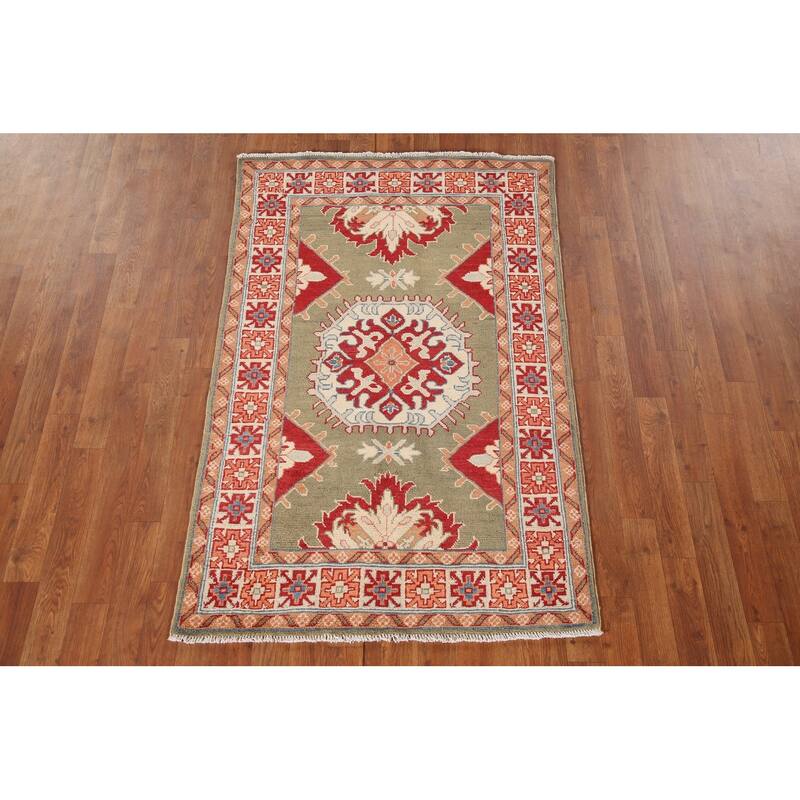 Geometric Green Kazak Oriental Accent Rug Handmade Wool Carpet - 3'3"x 5'1"