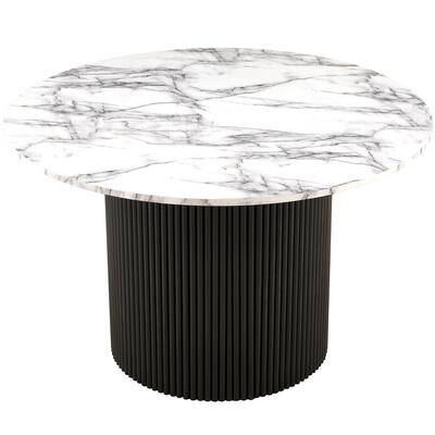 47 Inch Round Dining Table for 4, Imitation Marble Grain MDF Tabletop with Wood Strip Base