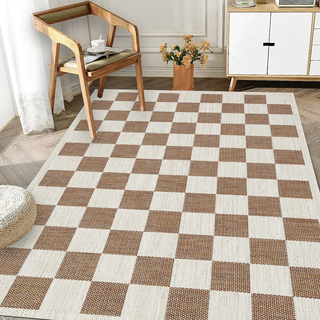 Indoor/Outdoor Area Rug/ Runner/ Doormat- Natural & Black & Taupe & Blue & Ivory Color -Machine Washable-Daisy Collection