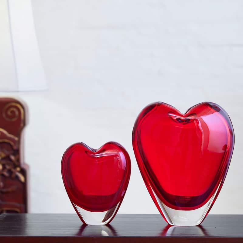 Luxury Lane Hand Blown Red Love Heart Shaped Sommerso Art Glass Vase 7-10 inch tall