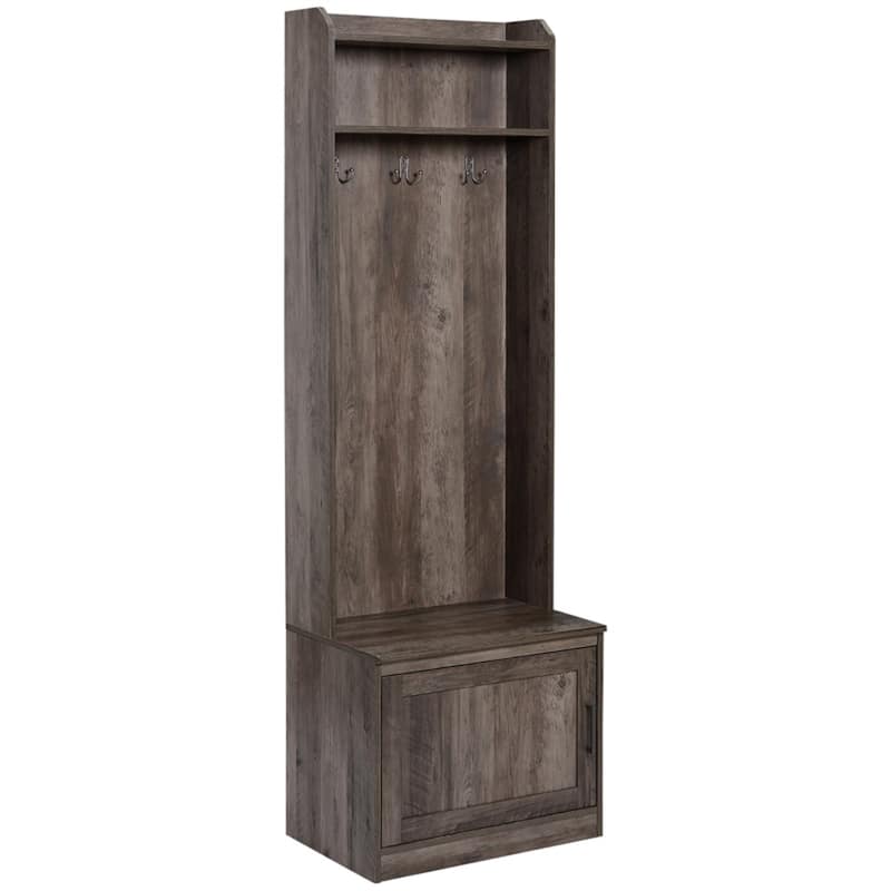 Modern Entryway Hall Tree with Bench Coat Rack Storage Cabinet and Adjustable Shelves - 23.5" W x 15.25" D x 72" H