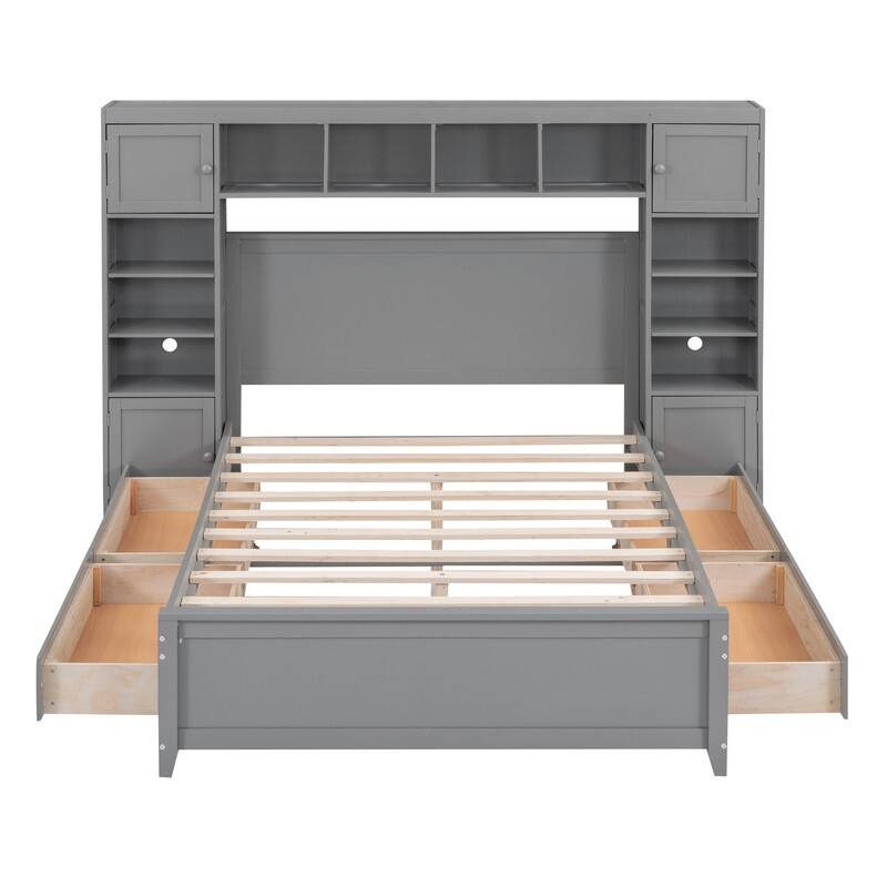 Full Size Platform Bed w/ All-in-One Cabinet & 10 Shelves, Wooden Bed Frame w/ 4 Drawers, Versatility Storage Bed for Kids Teens