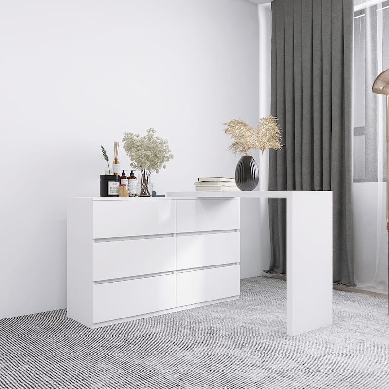 Makeup Vainty Desk and Dresser Combo, L-Shaped Makeup Table Extendable Dressing Table 6 Drawers Dresser