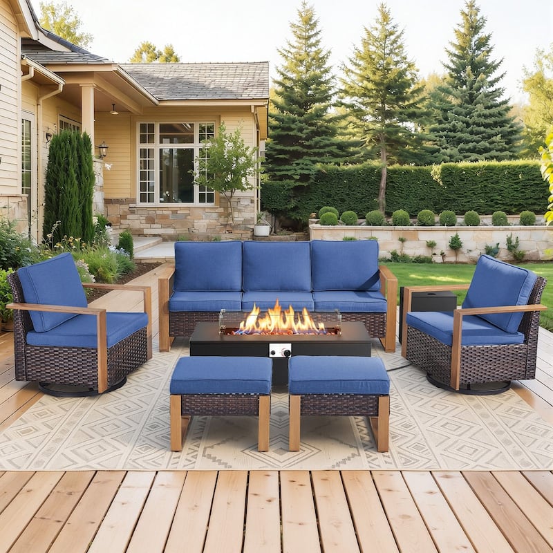 Meyreso Wicker Outdoor Patio Fire Pit Set with Swivel Gliders & 4.5-Inch Olefin Cushions