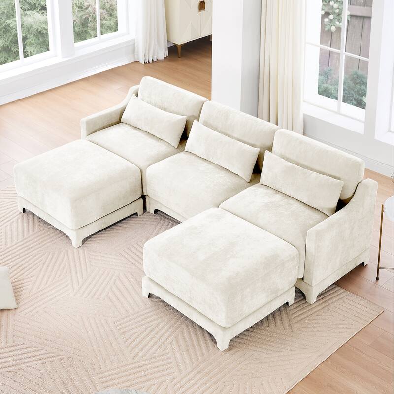 Modern Chenille 4-Seater Sofa with 2 Ottoman, Lumbar Cushions, Ergonomic Backrest, High-Resilience Spongeand Tufted Armrests