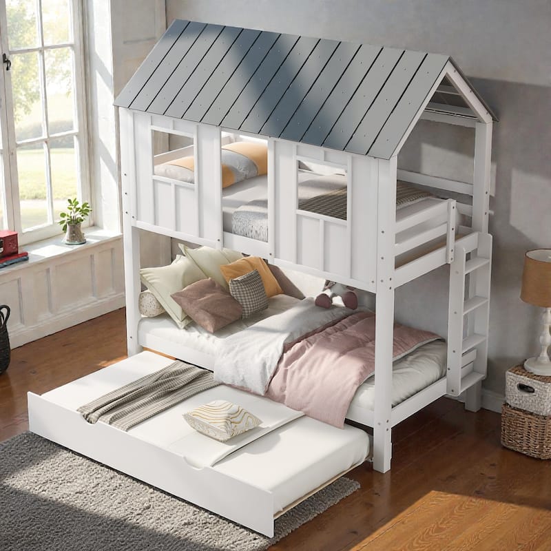 Twin House Bunk Bed with Trundle, Roof and Window Design, Solid Wood Triple Bed Frame for Kids Bedroom - White Grey - Twin