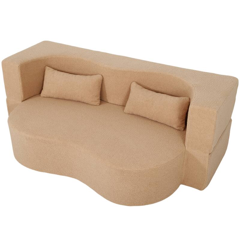 2-in-1 Convertible Sofa Bed, Folding Loveseat Couch with Soft Teddy Fabric, Floor Sleeper Sofa Mattress with 2 Pillows