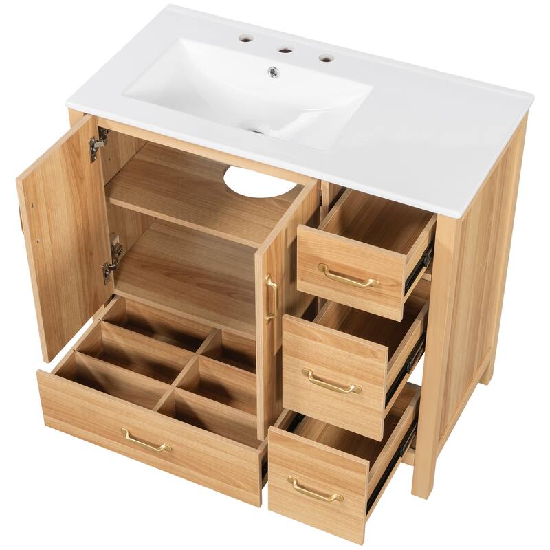 Wood Bathroom Vanity with Sink, Free Standing Single Basin Vanity, Storage Cabinet with 2 Doors & 4 Soft-Closing Drawers