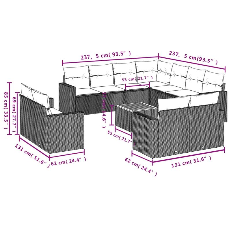 vidaXL 12 Piece Patio Sofa Set with Cushions Black Poly Rattan - 24.4" x 24.4" x 27.2"