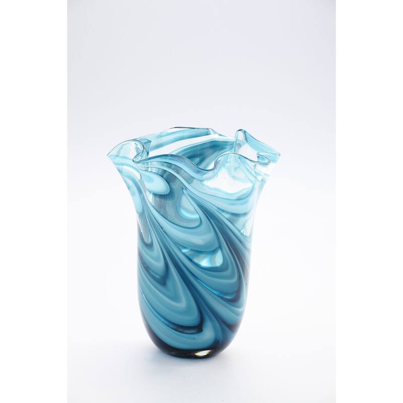 11.5" Shiny Blue Handblown Abstract Pattern Glass Vase