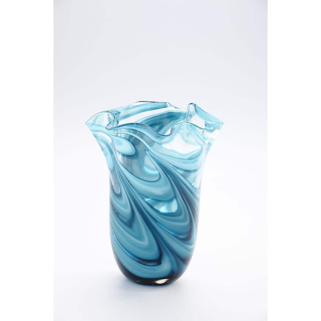 11.5" Shiny Blue Handblown Abstract Pattern Glass Vase