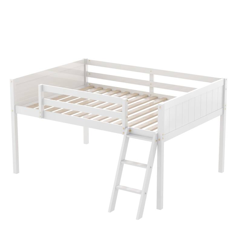 Full Size Wood Low Loft Bed with Convertible Ladder, White