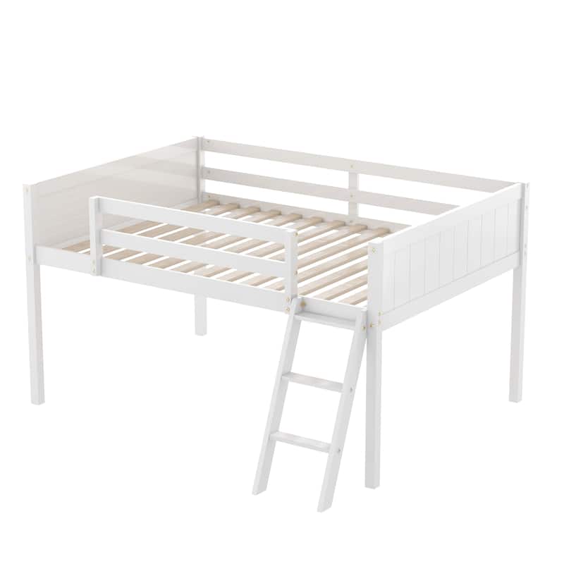 White Full Size Low Loft Bed with Ladder & Fence Baffle