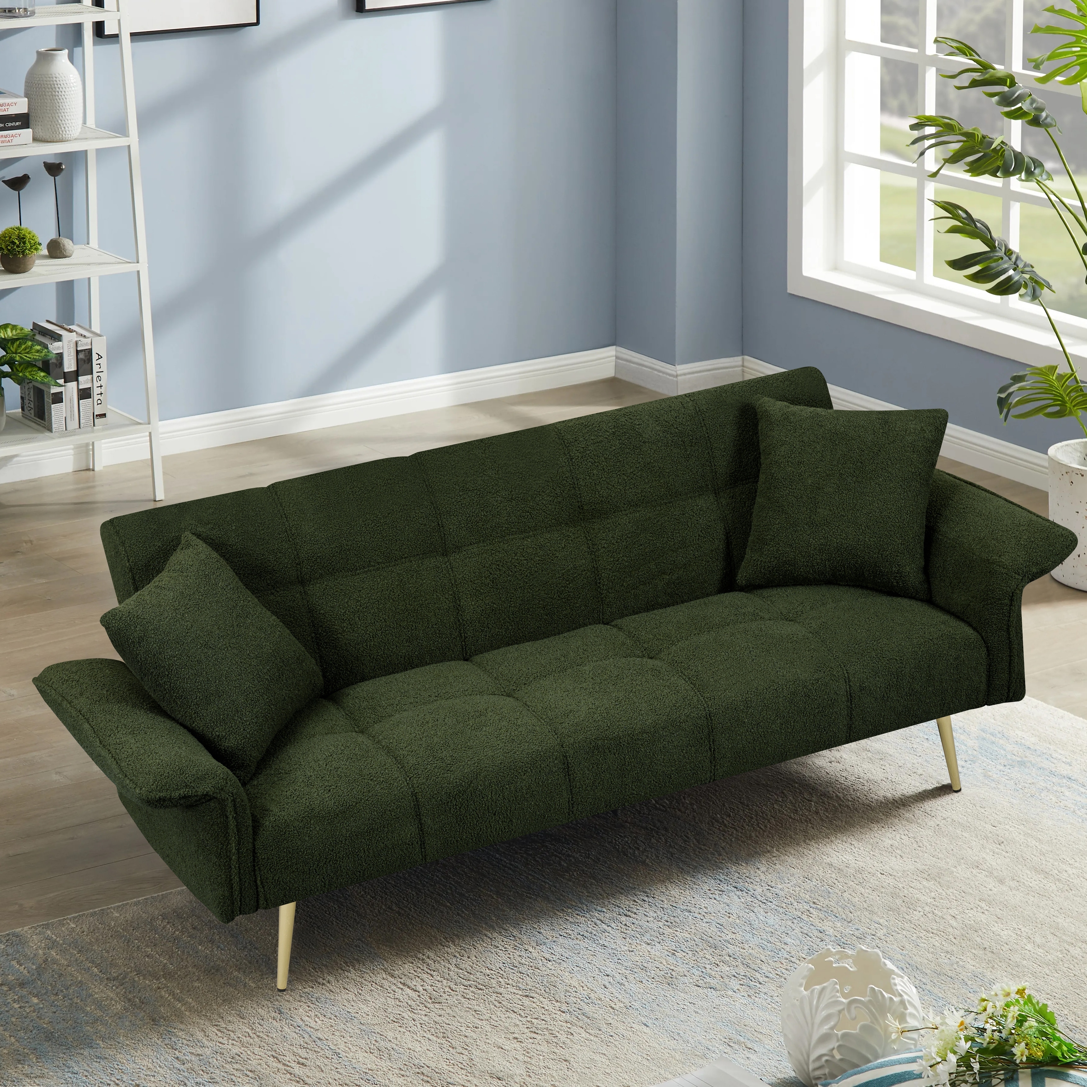 Green Convertible Sofa Couch Sleeper Sofa with Adjustable Backrest, Velvet Folding Sofa Bed with Wood Frame