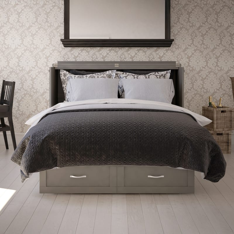 Monroe Queen Murphy Bed Chest with 6" Mattress, Storage Drawer & Built-In Charger in Grey