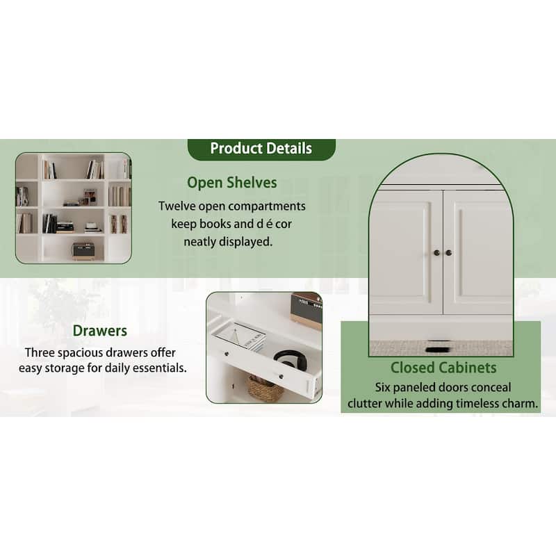 102.4" Large 6-Door Bookshelf w/Drawers Solid Pine Top Display Bookcase Bronze Handles White Storage Cabinet