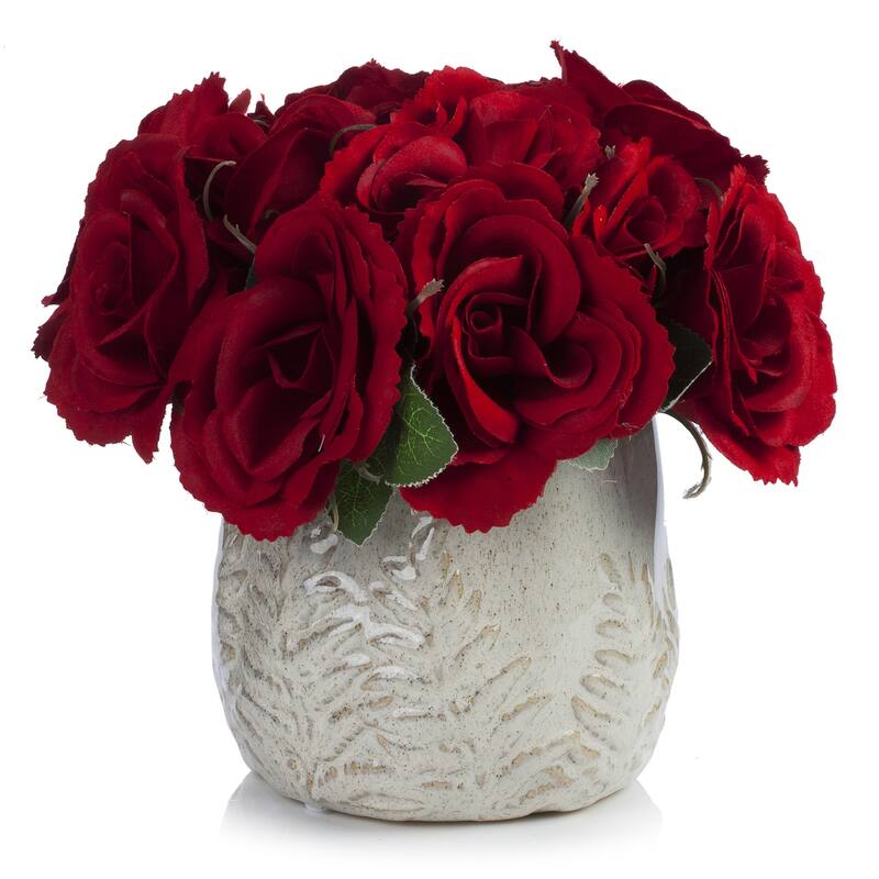 Enova Home Artificial Velvet Roses Faux Silk Flowers Arrangement in Round Tapered Ceramic Pot for Home Wedding Decoration