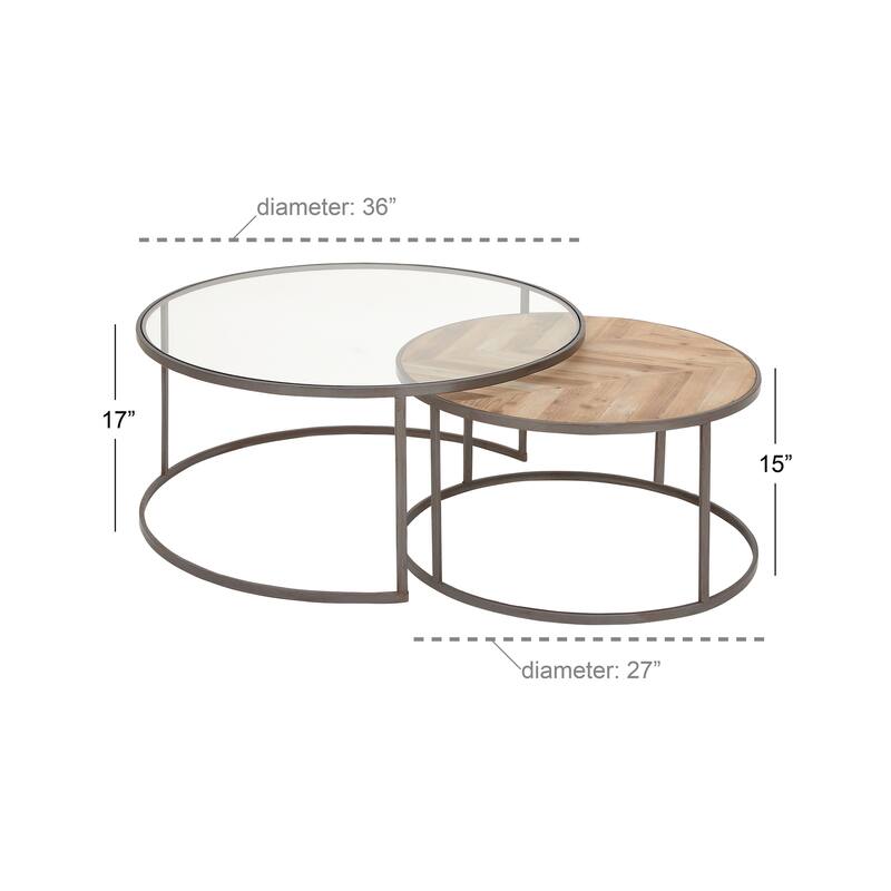 Wooden Nesting Living Room Coffee Table with Clear Glass Top - Set of 2 Gray - Roche River Decor