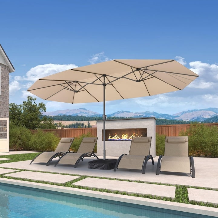 PURPLE LEAF 15ft Double-Side Patio Rectangle Umbrella with Base and Solar Lights Outdoor Market Umbrella with Crank Handle