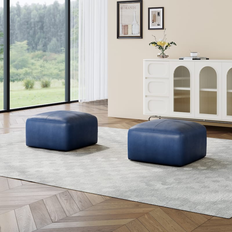 22"/ 35"/ 43" W Rectangular Modern Genuine Leather Ottoman Set of 2 - Small:22.2"×22.2"×13.8" - Navy Blue