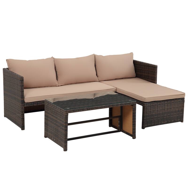 3 Pieces Patio Conversation Set, All Weather Outdoor PE Rattan Wicker Furniture Set with Cushions, Tempered Glass Coffee Table