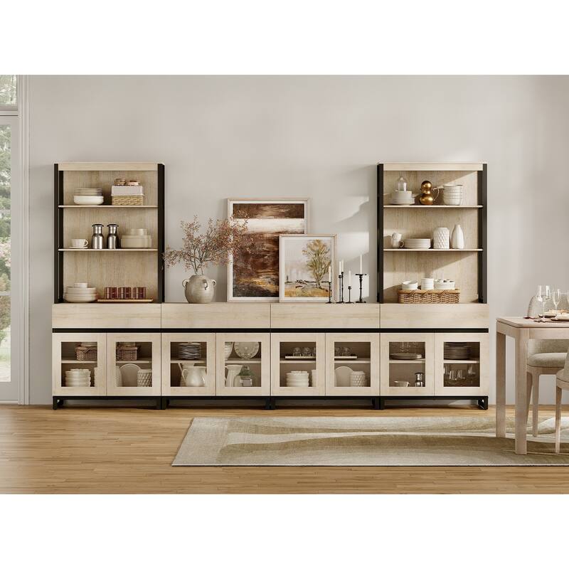 Modern Farmhouse Buffet Cabinet with 3 Tiers and 4 Cabinets, Wooden Sideboard for Dining Room or Kitchen