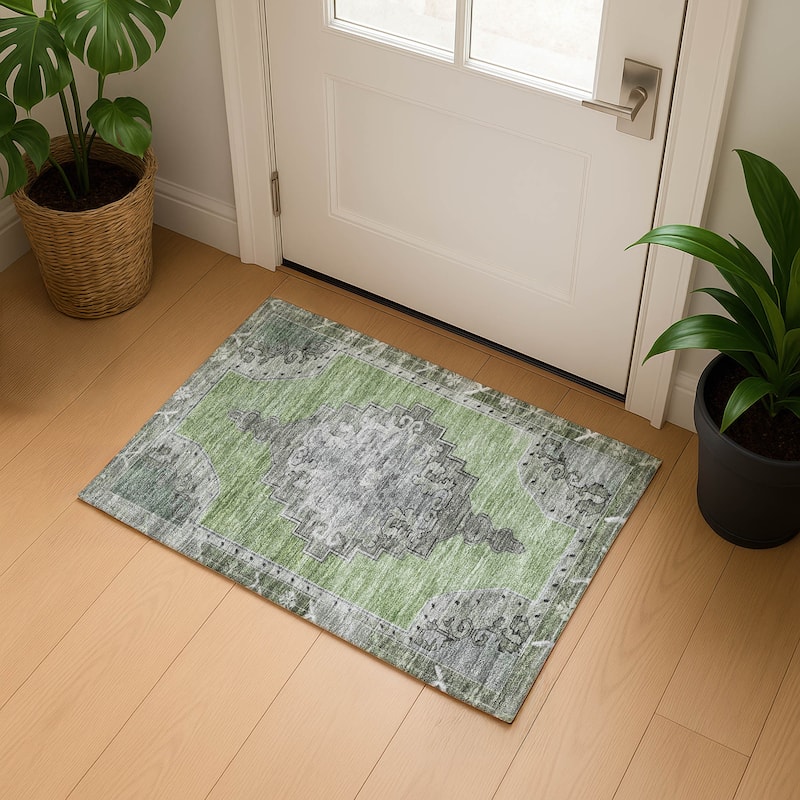 Premium Washable Super Soft Vintage Traditional Mayfield Rug - Aloe - 1'8" x 2'6"