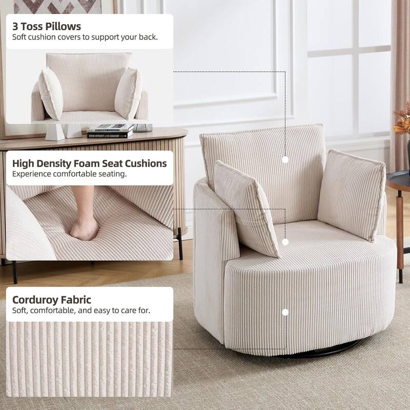 Swivel Accent Chair,360°Swivel Barrel Chair with 3 Pillows Corduroy Round Armchair Single Sofa Chair for Living Room Bedroom