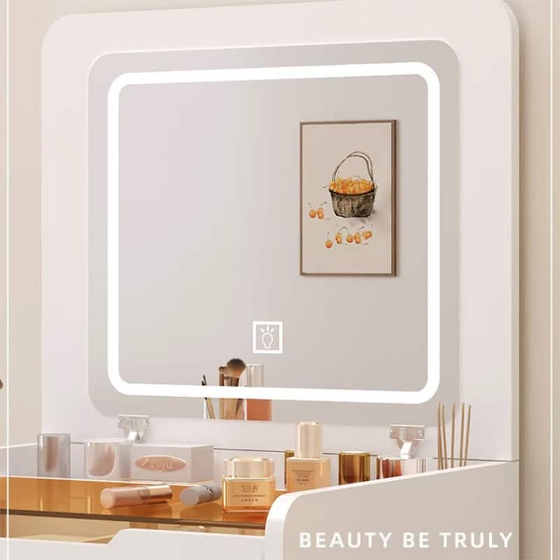 White 3-in-1 Dressing Table Set with Flip LED Mirror Storage Drawers and Stool for Bedroom - N/A